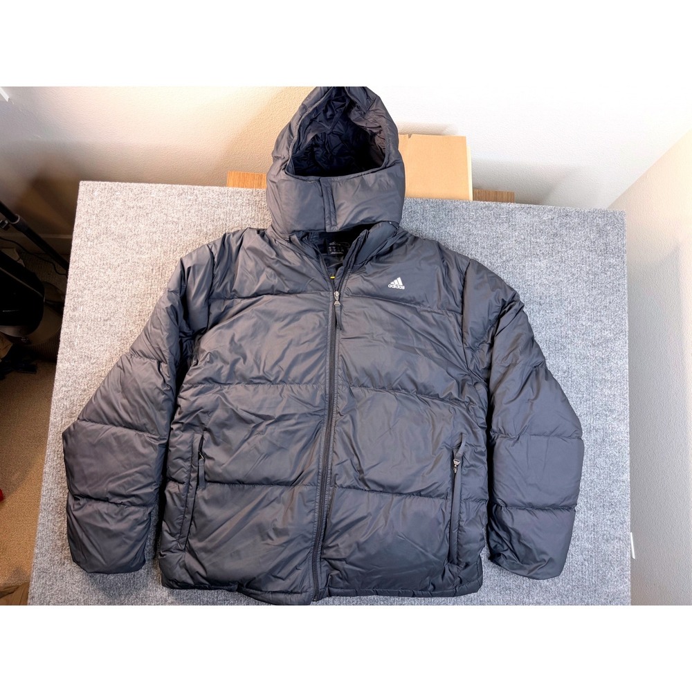 Adidas Mens XL Gray Duck Down Puffer Jacket Hooded Insulated Heavyweight E82831